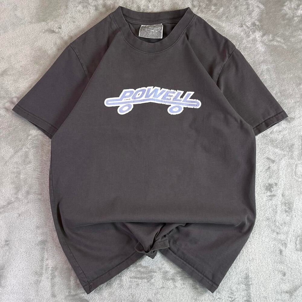 Vintage Y2K Powell Skateboards T Shirt Mens Small Gray Distressed Logo Graphic
